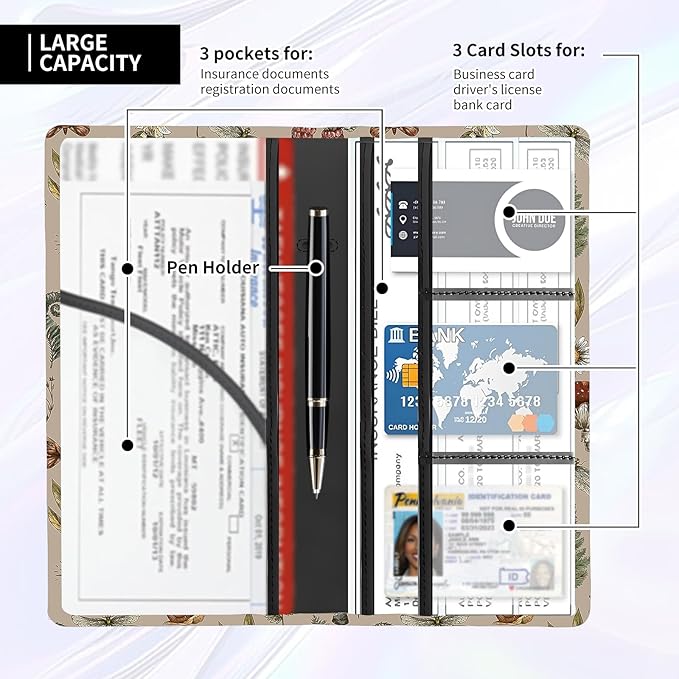 Leather Car Registration and Insurance Card Holder, Cute Car Accessories Vehicle Glove Box Car Organizer for Documents, Cards, License Cute Boho Mushroom