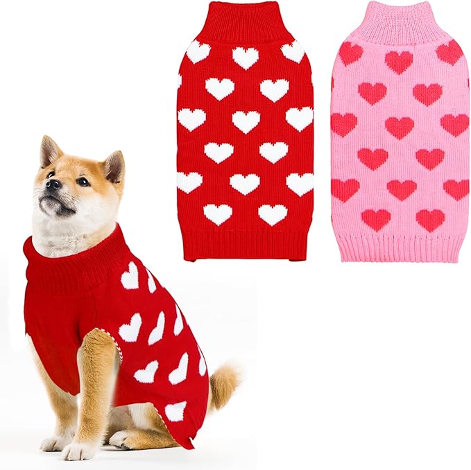 GOYOSWA 2 Pack Valentine Dog Sweater Dog Valentines Clothes Outfit Knitted Heart Sweater for Small Medium Large Dogs Pets (Red & Pink, X-Large)
