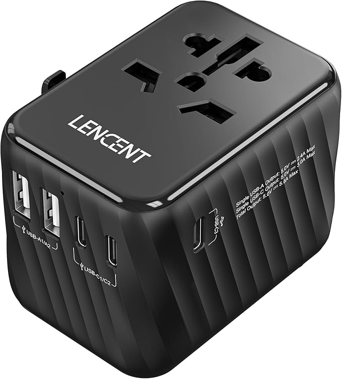LENCENT Universal Travel Power Adapter, International AC Plug Adaptor with 5.6A 3 USB C 2 USB A Ports Wall Charger Worldwide Travel Essentials for US to EU UK Ireland Australia (Type C/G/A/I) Black