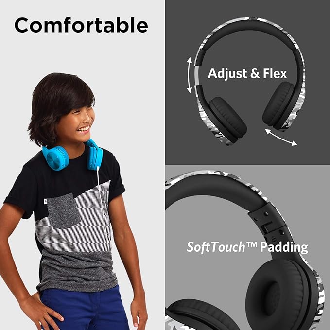 LilGadgets Connect+ Pro Wired Kids Headphones for School with Microphone, Volume Limiting Over-Ear Headset with Cord, SharePort Technology & SoftTouch Padding, Snow Camo