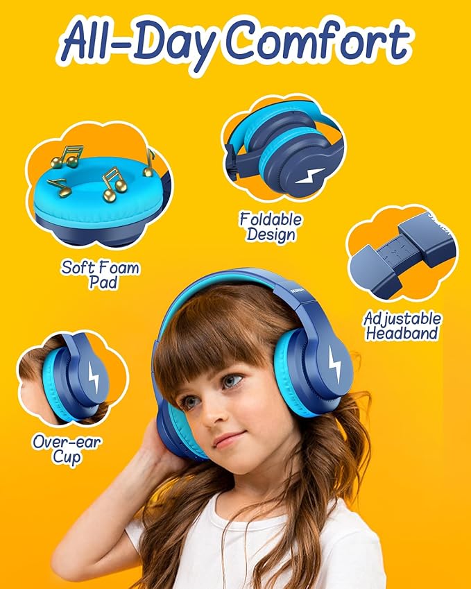 seenda Kids Bluetooth Headphones, JCH-01 Kids Wireless Headphones for School, 85/94dB Volume Limited, 45H Playtime, 3 Lighting Modes, Built-in Mic Headset with Aux Cord for iPad/Tablet, Dark Blue