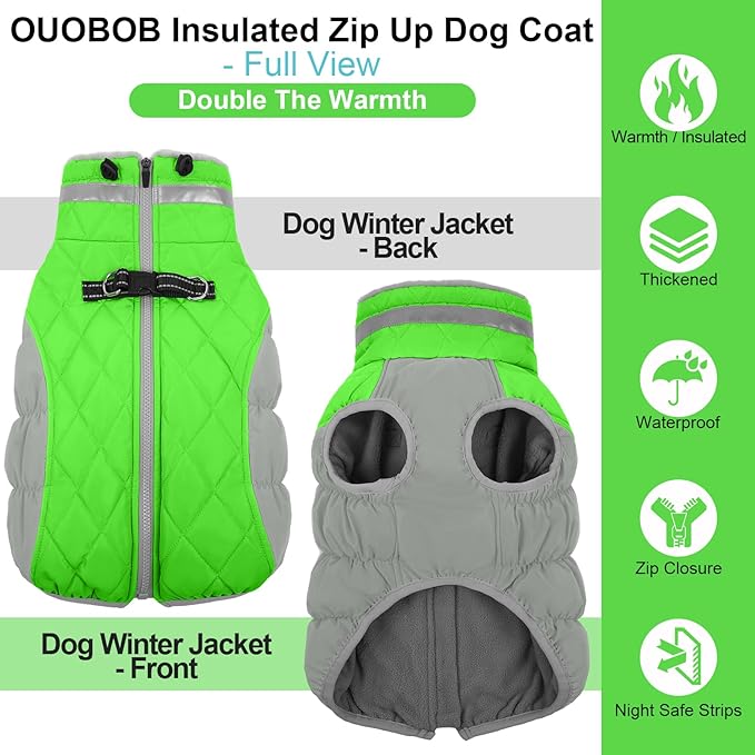 OUOBOB Warm Dog Coats for Medium Dogs, Waterproof Dog Jacket with Harness Built in, Zipper Clousure, Fleece Lining for Cold Weather Outdoor Walks, Snowsuit for Schnauzer, Boston Terrier, Pug - M