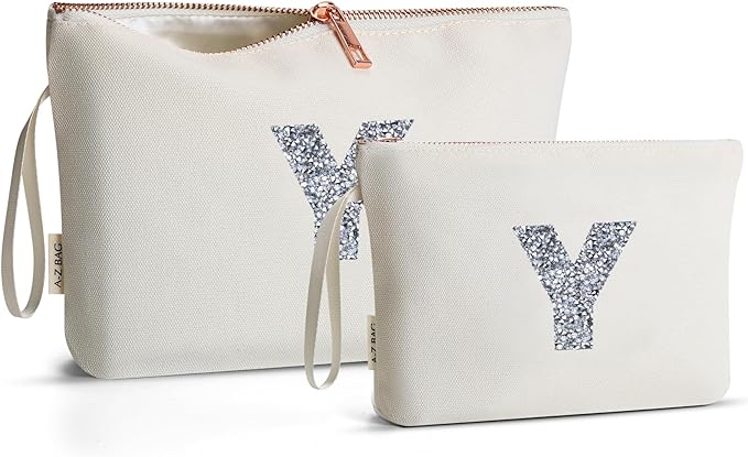 A-Z BAG 2pcs Personalised Makeup Bag Set, Canvas Cosmetic Bag with Rhinestone Initial, Birthday Gifts for Women (Y, Beige)