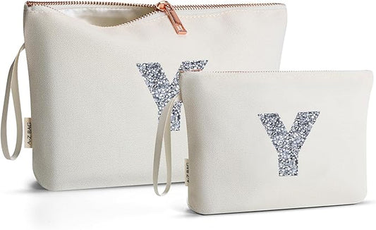 A-Z BAG 2pcs Personalised Makeup Bag Set, Canvas Cosmetic Bag with Rhinestone Initial, Birthday Gifts for Women (Y, Beige)