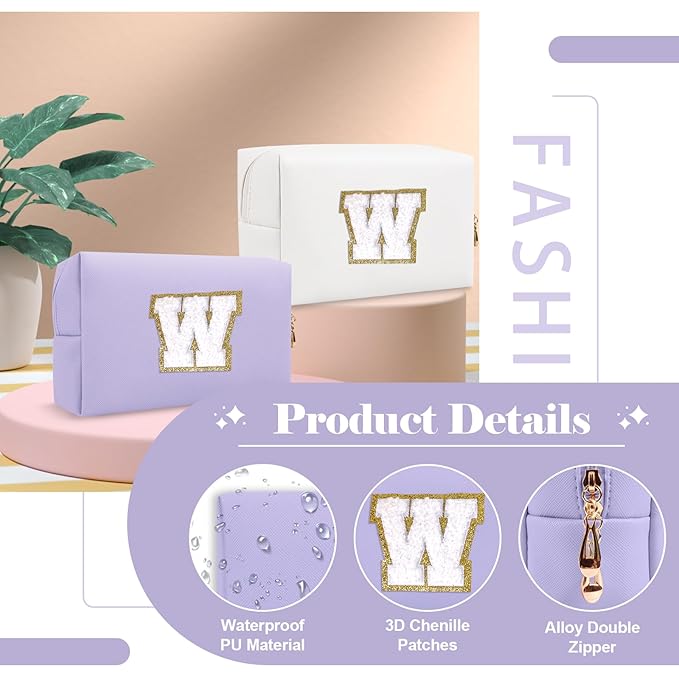 Personalized Makeup Bag Initial A-Z Preppy Patch Bag,Small PU Leather Travel Cosmetic Bag Pouch with Zipper,Purple Cute Toiletry Bag,Gift Ideal for Teen Girls Women Birthday Friend Mom,Latter W