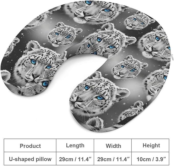 Unisex Travel Neck Pillow Memory Foam U Shaped Cushion Snow Leopard, Washable Cover for Men Women Airplane Car Home Rest