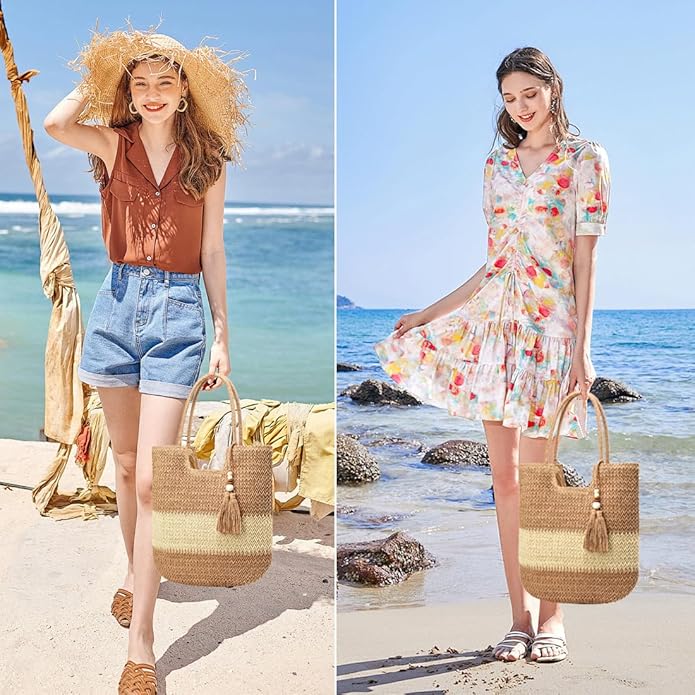 Straw Beach Bags for Women Woven Beach Tote Bag Casual Boho Large Shoulder Handbags Purse for Vacation Holiday