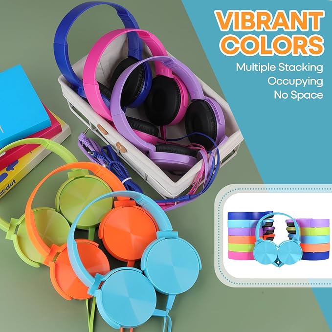 Classroom Headphones Bulk 24 Pack Multi Colored for Kids School, Wholesale Class Set Durable Wired Earphones for Students Children Toddler Teens Boys Girls Adult Laptop Computer(HY450, 24 Mixed)