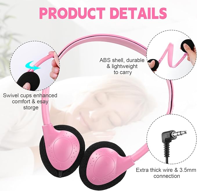Konohan 30 Pack Headphones Bulk Headphone for School Classroom Student Wired Headphones Adjustable with 3.5 mm Jack for Adults (Pink)