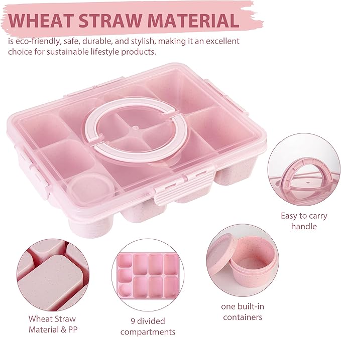 Wheat Straw Snackle Box Container,Dishwasher Safe-9 Compartment Divided Serving Tray with Lid and Handle, Built-in Dip Containers,BPA-Free,Pink