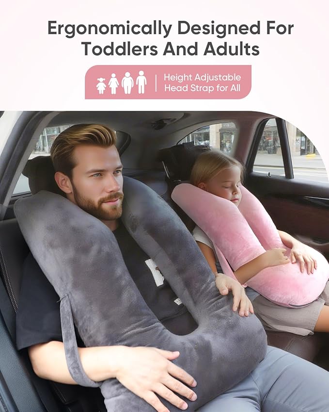Car Travel Pillow for Kids Adults, Raised Padding Head and Neck Support Car Seat Sleeping Pillow for Toddlers, Portable U Shaped Body Pillow for Car Seat On Road Trip (Pink)