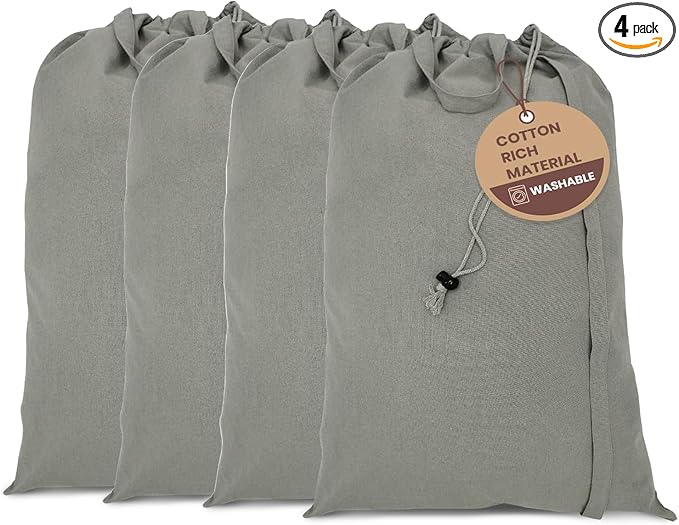 LFH Home Cotton Canvas Large Laundry Bag with Handle, Heavy Duty Drawstring Closure Washable Laundry Bags, School Travel, Home, Hotel, College Dorm, Organizer Sack, Toys Clothes 20x30 (Pack of 4)-Grey