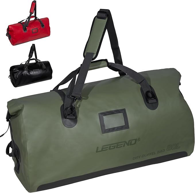 LEGEND Waterproof Duffel Bag - Heavy Duty Duffle Bag for Outdoor, Camping, Boating & Travel, Premium PVC Dry Duffel Bag, Motorcycle Dry Bag with Durable Strap & Handles with Large Storage - 80L Green