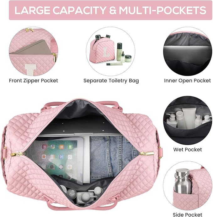 Letter Weekender Bags for Womens - Duffle Bag with Shoe Compartment Personalized Overnight Bag with Toiletry Bag Duffel Bags for Gym Hospital Bags Gift for Women Pink (Letter L)