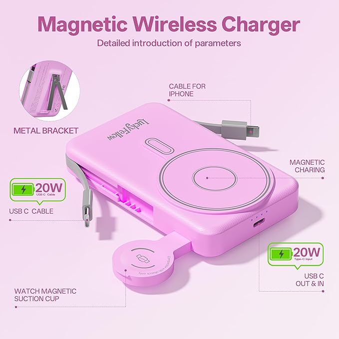 Magnetic Portable Charger Built-in Cables,10000mAh Fast Charging Wireless Charger Station External Battery Pack Slim Pocket Size Power Bank with Stand Compatible with iWatch, iPhone and Android Phones