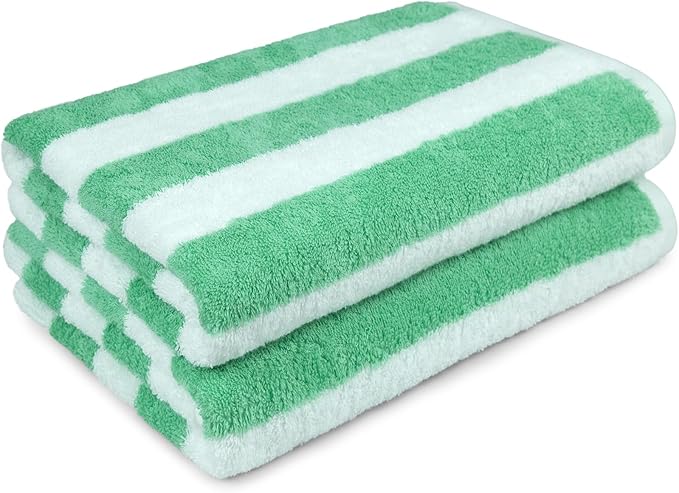Amazon Basics 100% Cotton Terry Cabana Stripe Pool & Beach Towel, Soft & Absorbent, Quick Drying, Large, 2-Pack, Green, 30" x 60"
