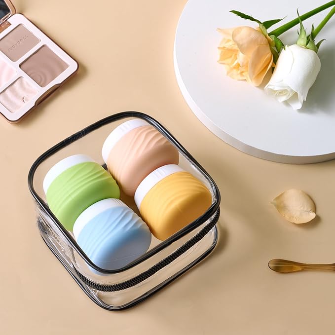 Travel Containers for Toiletries, Silicone Jar with Lid Eternal Moment, TSA Approved Travel Size Bottles with Clear Bag, Leak-proof Traveling Accessories Cosmetic for Lotion Face Body Cream (4 Pack)