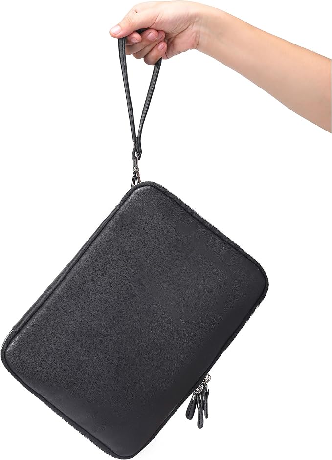 LANNSYNE Full Grain Leather Travel Cable Accessories Bag, Electronic Organizer Carry Case Double Layer Storage Case for Cables, Charger, Phone, Power Bank