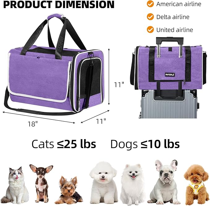 Top Open Medium Cat Carrier Roll Up Flap, Delta Approved TSA Pet Travel Crate Suitcase Luggage Sleeve, Soft-Sided Dog Kennel Bag 18"x11"x11" United, American Airline Under Plane Seat Purple