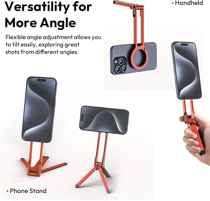 ULANZI MA30 Magnetic Phone Tripod Stand for iPhone - Aluminium Maglock Smartphone Mini Tripod Pocket Cell Phone Stand Strong Magnet Quick Mount Compatible with iPhone 17 16 15 14 13 12 Series, Orange