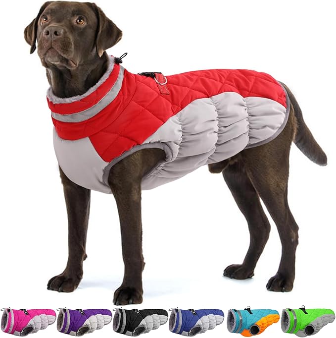 OUOBOB Dog Coats for Large Dogs,XL Dog Coat,Warm Fleece Winter Coat with D-Ring,Back Zipper Pet Jacket for Large Dogs,Waterproof Pet Snow Jacket Clothes Snowsuit Beagle Corgi Border Collie,Red,XL