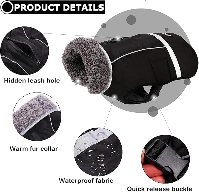 QBLEEV Warm Dog Coat Reflective Dog Jacket, Waterproof Dog Winter Coat Turtleneck Dog Clothes for Cold Weather, Thick Fleece Dog Snowsuit Christmas Dog Vest Pet Apparel for Small Medium Large Dogs S