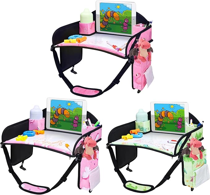 WENRENER 3PCS Kids Travel Tray for Airplane - Toddler Car Seat Table Tray, Road Trip Essentials for Boys & Girls, Carseat Lap Desk for Kids Road Trip Activities