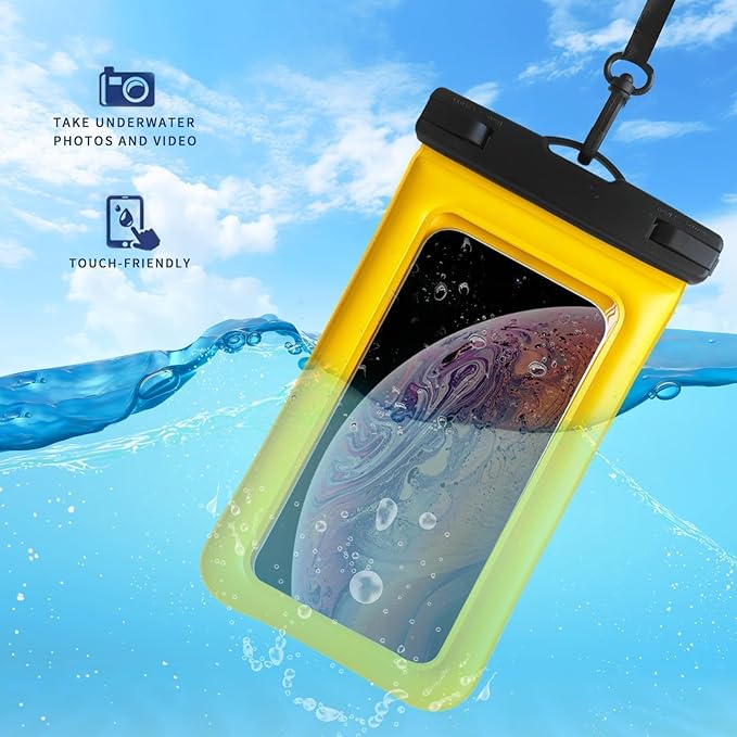 Floatable Soap Bubble Waterproof Phone Pouch/Case with Crossbody Lanyard for iPhone 17 16 Pro Max/15 Pro/14/13/12, IP68 Cellphone Dry Bag Beach Cruise Ship Essentials, 1 Pack-Yellow-7″