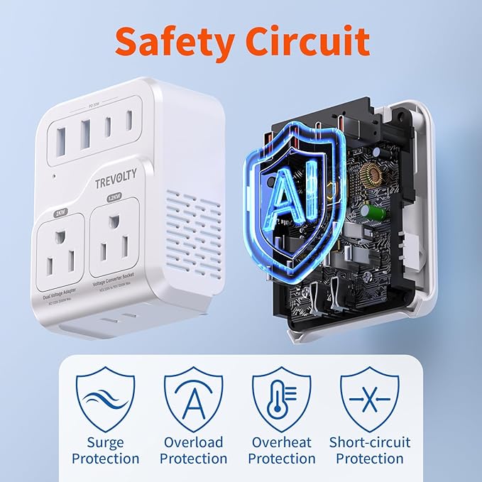 2000W Voltage Converter US to Europe for Hair Dryers, 7-in-1 220V to 110V Converter for European Travel with 3 AC/2 USBA/2 USBC Ports (PD20W), Universal Travel Adapter with Type A B C E/F G I Plugs