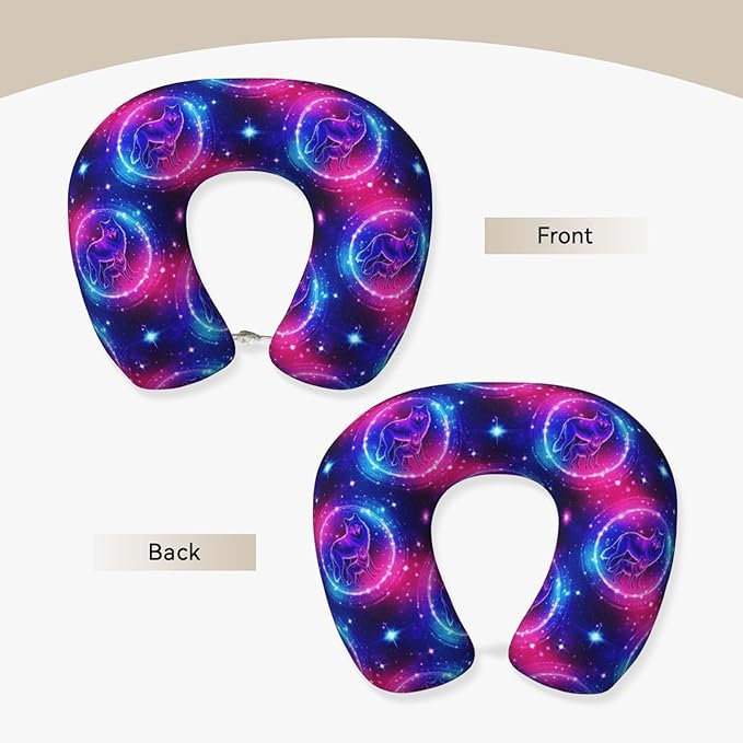 Travel Neck Pillows for Sleeping Rest Car Airplanes Purple Blue Galaxy Cool Wolf Art, Memory Foam with Removable Breathable Zipper Cover Washable for Men Women