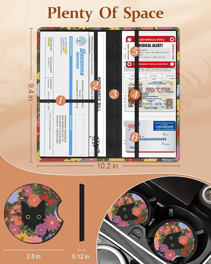 Slohif Car Registration and Insurance Card Holder - Flower Vehicle Glove Box Organizer Women with Magnetic Shut Leather Automobile License Holders Coasters Auto Accessories Case for Document