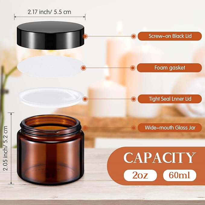 Domensi 72 Pcs 2 oz Glass Jars with Lids Travel Size Round Leakproof Empty Cosmetic Jars with Inner Liners Lid for Storing Makeup Lotions Face Cream Ointments Candle DIY Making (Amber)