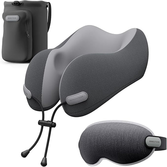 Neck Pillow for Travel Memory Foam Design Models Pillows with Zero Eye Pressure 3D Eye Mask and Compact Bag Traveling Essentials Plane Car Flight Rest Sleeping Use Adult, Dark Gray