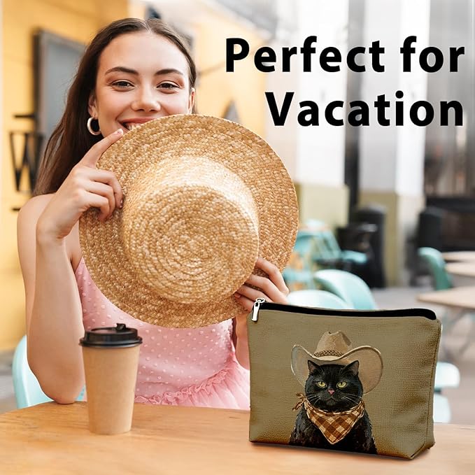 Funny Black Cat Makeup Bag, Cat Mom Lady Lovers Gifts for Women Cosmetic Bag, Pet Lover Gifts, Funny Western Cowboy Black Kitten Small Toiletry Bags Zipper Makeup Pouch