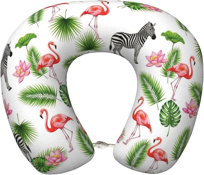 Neck Pillow Memory Foam Chin Cushion with Breathable Cover Green Palm Leaf Zebra Pink Flamingo Floral, Cute Airplane Car Pillows for Office Head Pain Relief