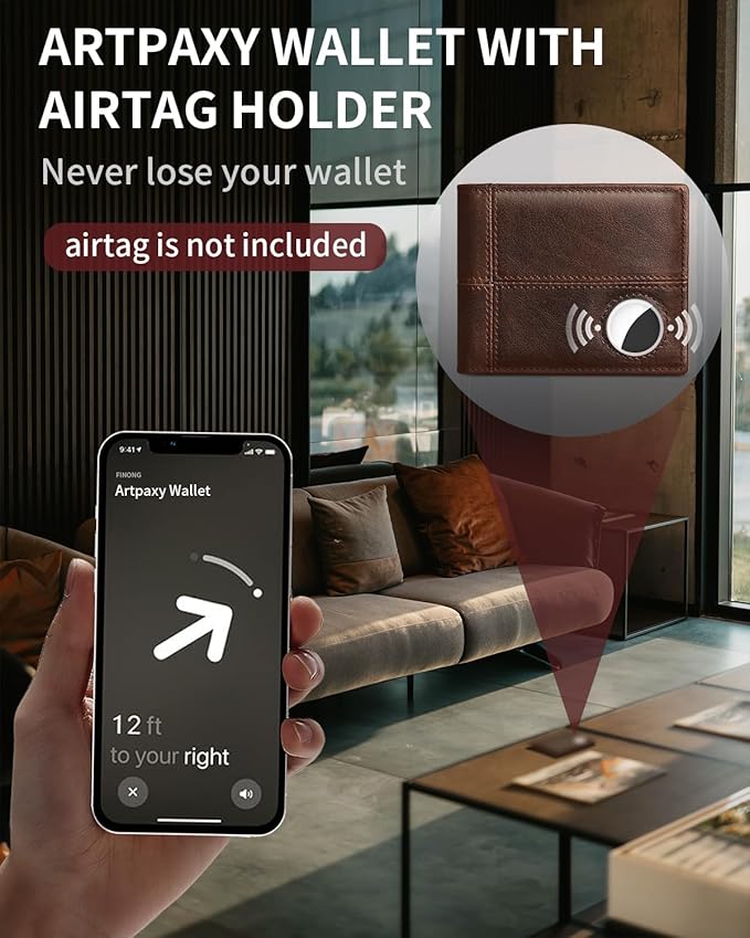 Mens Wallet With AirTag Holder, Bifold Leather RFID Blocking 1-2 ID Windows 12-13 Card Holders, Gift Box and Screen Protector Included, AirTag Not Included