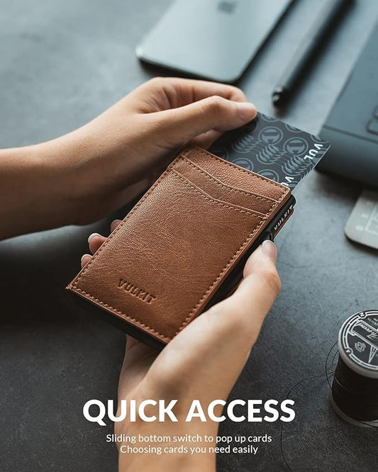 VULKIT Men's Slim Wallet Pop Up Card Holder RFID Blocking Metal Wallet Minimalist Design Holds Up to 11 Cards