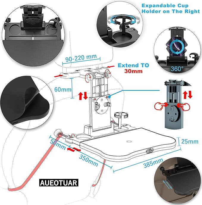 Car Back Seat Tray Table - Stable Foldable Auto Backseat Food Trays Desk for Rear Passenger Road Trip Eating & Work, Multifunctional Adjustable Travel Tray with Phone Drink Holder for Laptop iPad