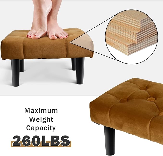 HOUCHICS Small Footstool Ottoman,Velvet Soft Footrest Ottoman with Wood Legs,Sofa Footrest Extra Seating for Living Room Entryway Office(Coffee 1PACK)