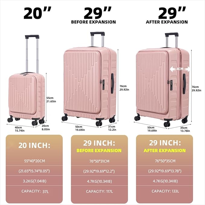 2 Pieces 20/29 Luggage Sets, 20 Inch Cabin Luggage with Front Pocket & 29 Inch Side Opening Suitcase, Ligthweight ABS+PC Hardshell, Pink