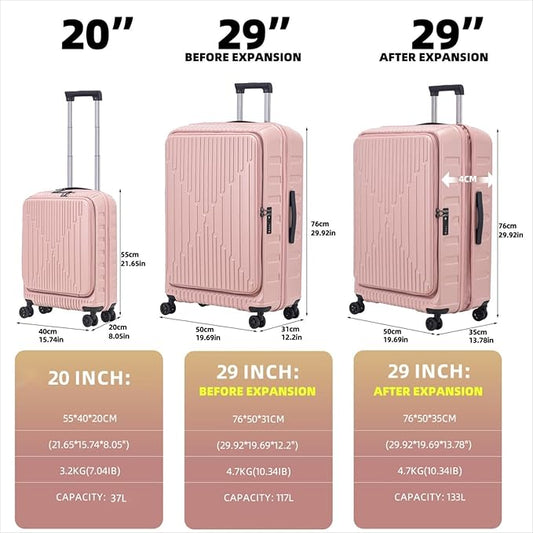 2 Pieces 20/29 Luggage Sets, 20 Inch Cabin Luggage with Front Pocket & 29 Inch Side Opening Suitcase, Ligthweight ABS+PC Hardshell, Pink