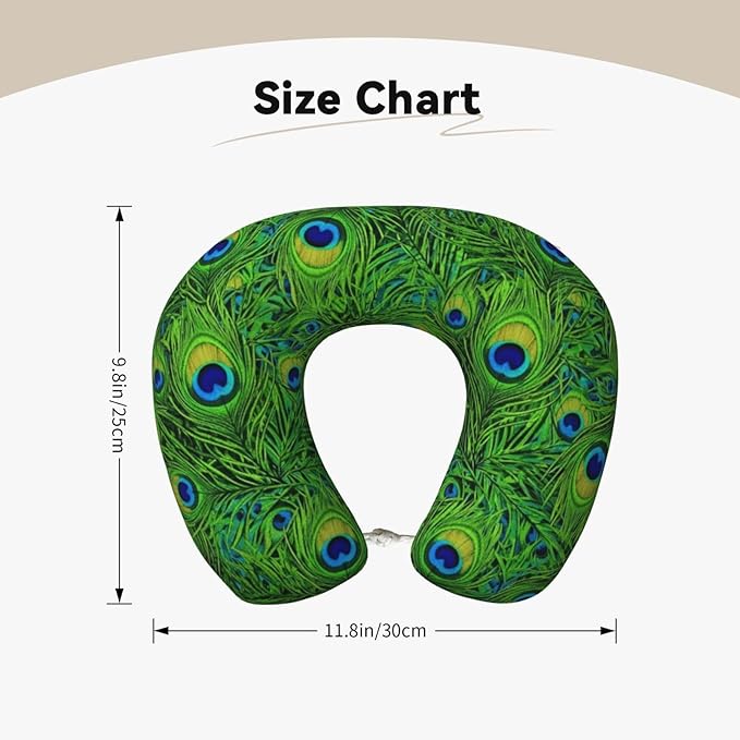 Neck Pillow Memory Foam Chin Cushion with Breathable Cover Animal Beautiful Peacock Feather Green, Cute Airplane Car Pillows for Office Head Pain Relief