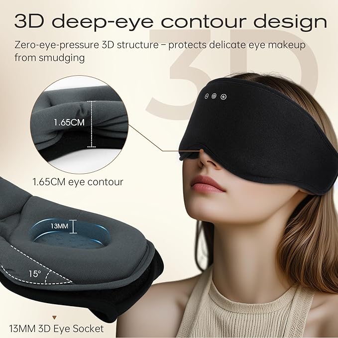 Sleep Eye Mask with Wireless Headphones - 29 Soothing White Noise Sounds, 3D Zero Pressure Eye Maks for Women & Men, Blackout Sleeping Masks for Side Sleeper, Removable Eye Cover (Black)
