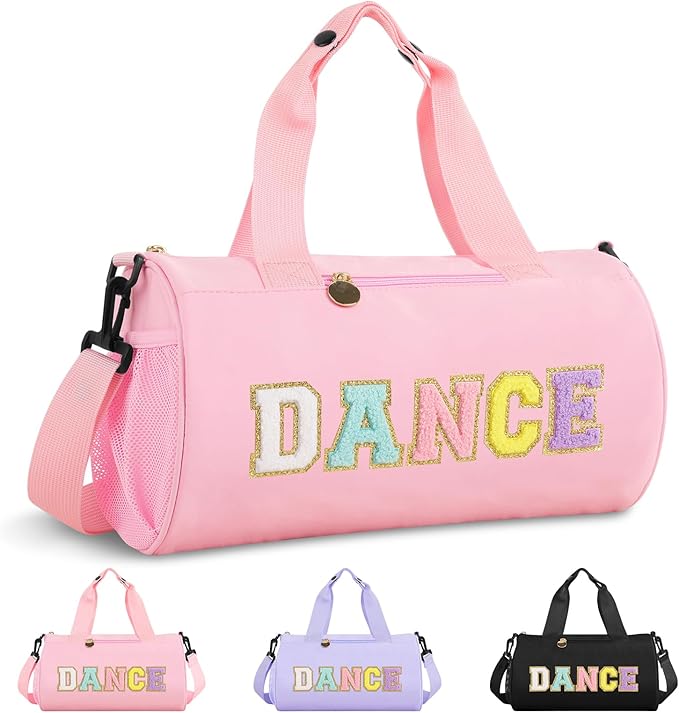 Personalized Dance Duffel Bags for Girls, Cute Colorful Chenille Letter Dance Ballet Workout Bag Gifts for Teen Girls, Waterproof Toddler Travel Weekender Duffel Bag with Adjustable Straps(Pink)