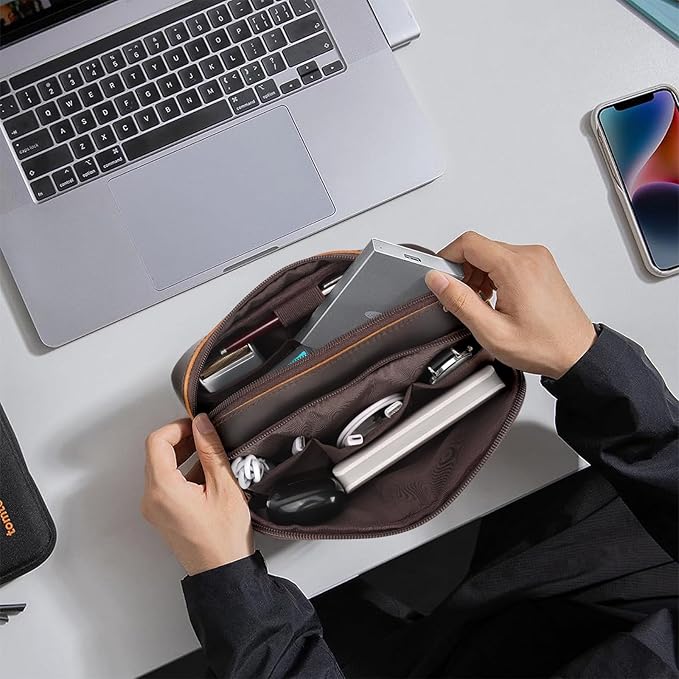 Polare Full Grain Leather Travel Electronics Organizer Case Cable Storage Carry Bag with YKK Zippers Tech Pouch for Cord, Phone, Cables, USB, SD Card, Travel Essentials