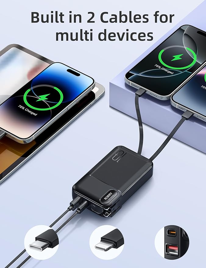 RORRY Portable Charger Built in Cables, AC Wall Plug In Portable Charger Power Bank 10000mAh Travel Battery Pack 22.5W Fast Charging for iPhone 17/16/15 Samsung Galaxy S24/S23/S22 Pixel LG iPad, Black