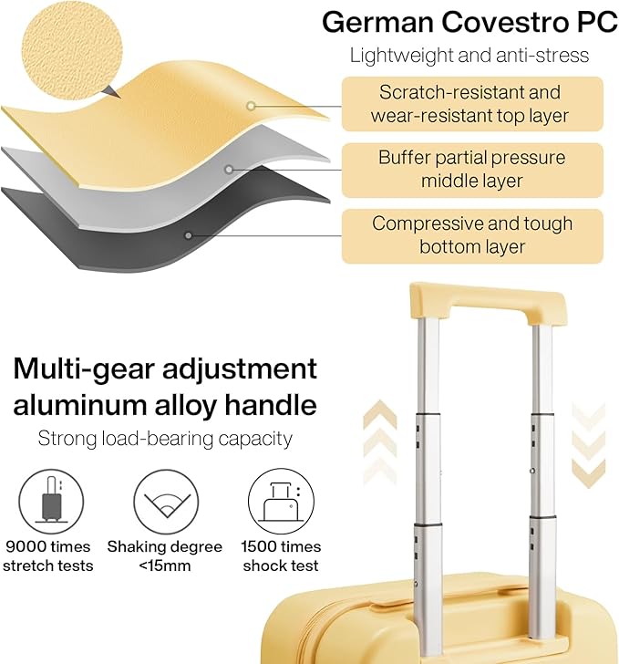 mixi Carry on Luggage, 20'' Suitcase Spinner Wheels Luggage Hardshell Lightweight Rolling Suitcases PC with Cover & TSA Lock for Business Travel, Lark Yellow