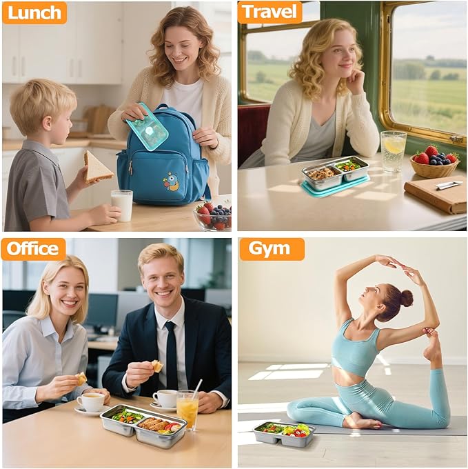 vovoyager Stainless Steel Snack Containers with Lids, Reusable Bento Lunch Container Box, Food Storage, Leak Proof, Dishwasher-Safe, Grab and Go for Work, 4 Pack-Double Compartment