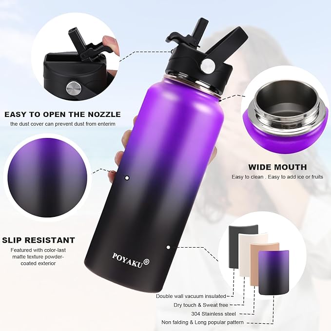 Water Bottle Insulated 32oz 40oz 64oz 128oz Straw Lid Spout Lid & 3 Lids, Leak Proof, Vacuum Insulated,Stainless Steel Water Bottle Wide Mouth for Sports, Gym or Office