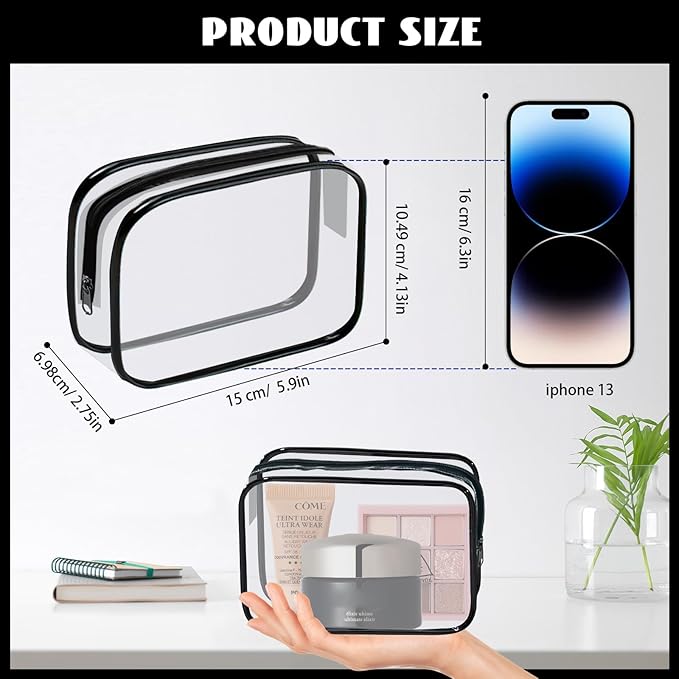 16 Pieces Clear Cosmetic Bags PVC Clear Makeup Bags TSA Approved Toiletry Bag with Zipper Waterproof Vinyl Plastic Organizer Storage Transparent Pouch for Women and Men (Black, Small)